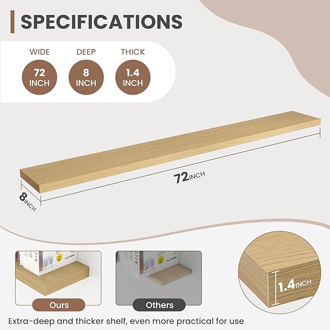 Acovy 72 Inch Floating Shelves, 8 Inch Deep Floating Shelves for Wall, Hanging Shelf with Invisible Brackets, Deep Shelves for Bathroom, Bedroom, Living Room, Oak, Set of 1