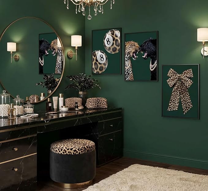 3pcs Trendy Leopard Canvas Wall Art Funky Lucky 8 Ball Posters Prints Paintings Cheetah Bows Preppy Aesthetic Pictures Wall Decor for Bedroom Dorm Living Bathroom Decoration Unframed