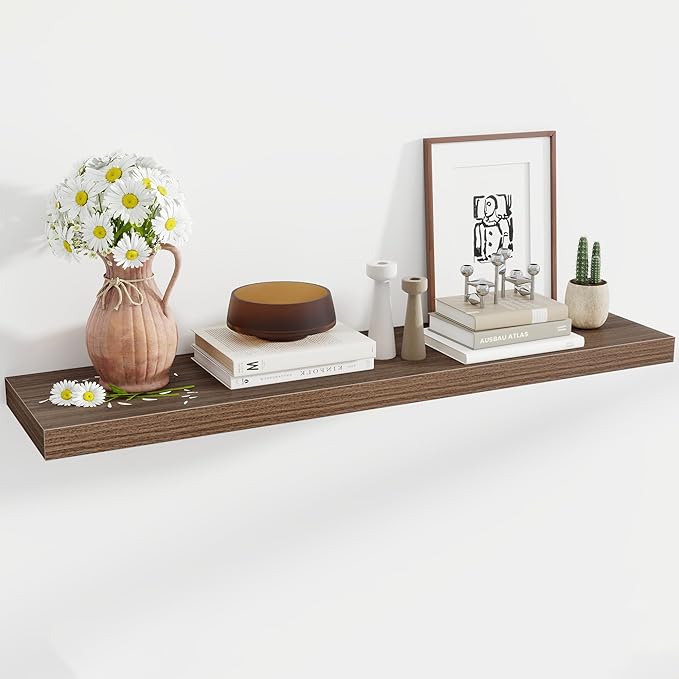 Acovy 48 Inch Floating Shelves, 12 Inch Deep Floating Shelves for Wall, Floating Shelf with Invisible Brackets, Deep Shelves for Bathroom, Bedroom, Living Room, 1 Pack, Walnut