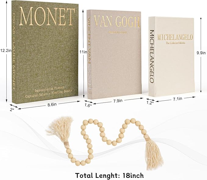 Aesthetic Decorative Books for Home Decor w. Wood Bead - Set of 3 Linen Fake Books for Decoration, Coffee Table Book Box Decor for Mantle/Bookshelf/Farmhouse/Entryway/Nightstand