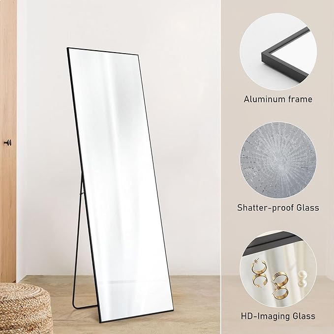 OLIXIS Full Length Mirror for Bedroom, 68"x26" Full Body Mirror with Stand, Hanging or Leaning for Wall, Aluminum Alloy Thin Frame Floor Standing for Living Room, Long, Black