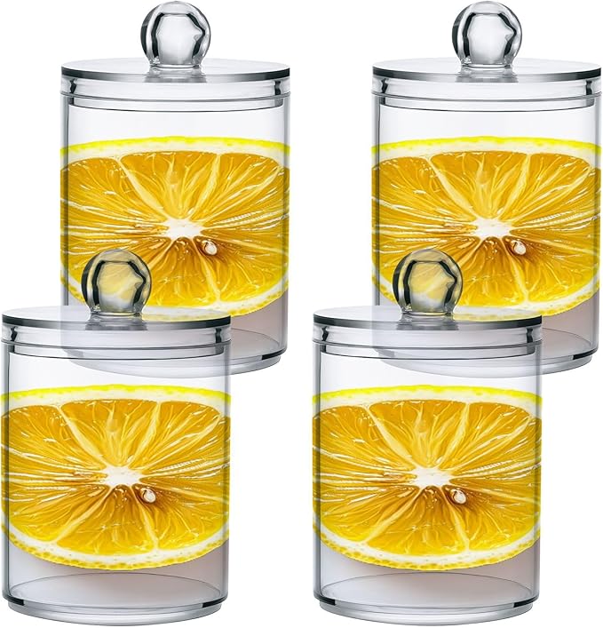 Nander 4Pack Fresh Lemon Slices Qtip Holder Dispenser -Clear Plastic Apothecary Jars Set - Restroom Bathroom Makeup Organizers Containers for Cotton Swab, Ball, Pads, Floss
