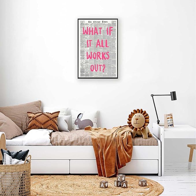 What If It All Works Out Poster Retro Newspaper Pink Font Canvas Wall Art Positive Affirming Quote Minimalist Prints Painting For Home Bedroom Dorm Wall Decor 12x18in Framed