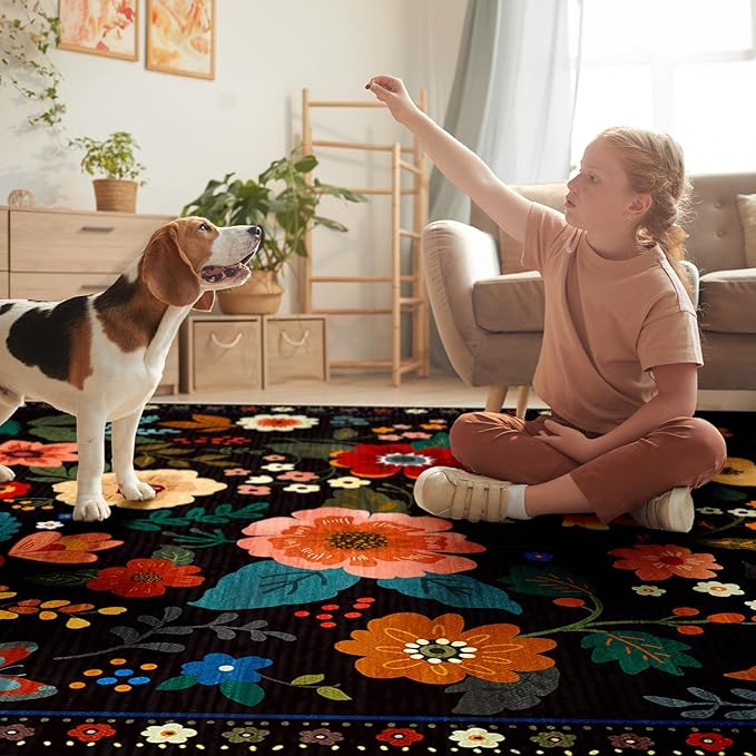 RELEANY Floral Nursery 2x6 Area Rugs Washable Print Boho Cute Carpet Non Slip Flower Low Pile for Living Room Kids Girls Playroom Bedroom Kitchen Office Farmhouse-Black