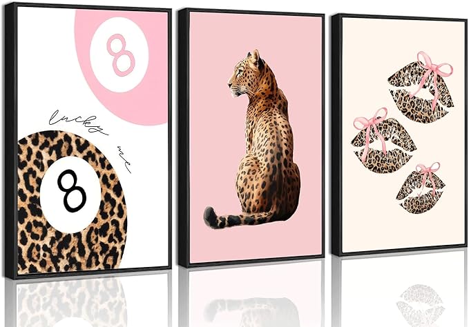 YZLYAD 3Pcs Pink Trendy Leopard Wall Art,Fashion Cheetah Lucky 8-Ball Canvas Posters,Lip Bow Painting Pictures,Preppy Y2k Wall Decor for Bedroom Dormitory Apartment.16x24in Unframed