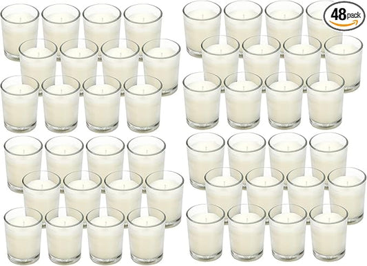 48-Pack Clear Glass Votive Candles – 10–12 Hour Long Burn, Unscented, Ivory, Bulk Set for Weddings, Events & Table Centerpieces – Hosley
