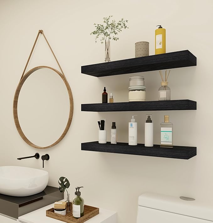 Vervida Black Floating Shelves for Wall, 24" Rustic Wood Deep Wall Mounted Shelves with Invisible Brackets for Decor & Storage, Floating Shelf for Living Room, Bathroom (Set of 3)