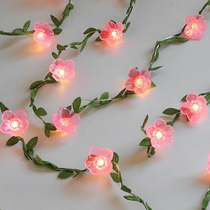 Cherry Blossom Decor Flower String Lights Vines with Fairy Lights Christmas, 30 LED Copper with Remote Control Battery Operated Pink Flower Garland Leaf for Locker, Wall,Christmas Decorations-2 Pack
