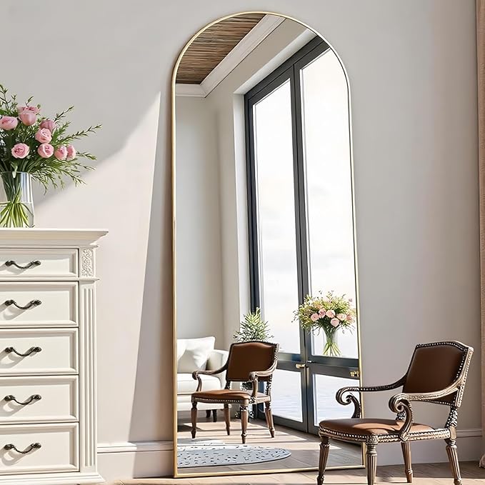 Rowjut Floor Mirror Arched Full Length Mirrors, Mirror Full Length Standing Hanging or Leaning Against Wall, 59"x18" Large Full Body and Wall Mounted Mirror for Bedroom Living Room, Gold