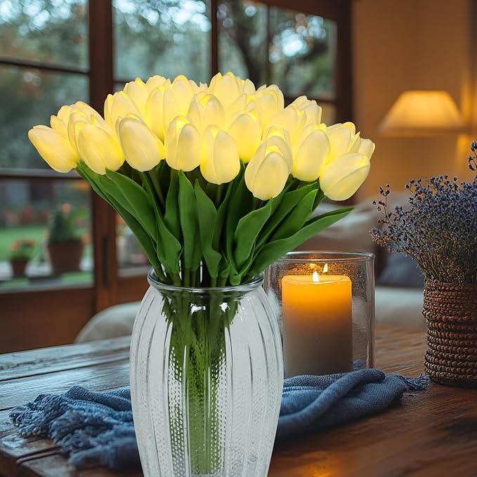 HOMESEASONS Pre-Lit 20pcs LED Lighted Fake Flowers Artificial Tulips Real Touch Tulip Bouquet 15" Faux Tulips for Easter Decor Spring Decor Mother's Day Home Kitchen Wedding Decorations(Cream)