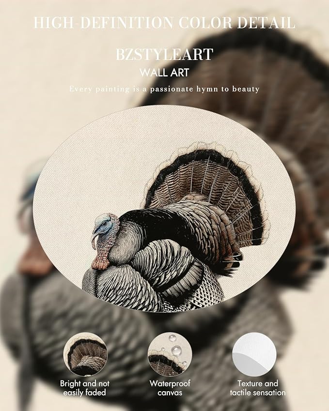 Bzstyleart Vintage Wall Art Decor for Living Room, Sketch Turkey Thankgiving Wall Art, Canvas Picture Bedroom Decor Aesthetic, Rustic Autumn Harvest Bird Artwork, Thanksgiving Holiday 12 x 16 Inch