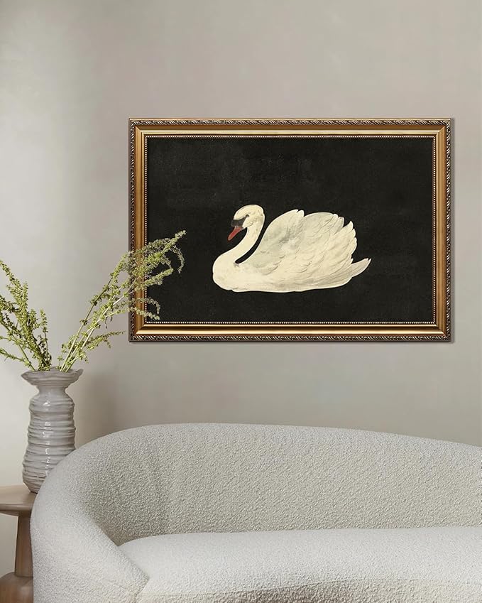 KBKBART Vintage Framed Wall Art for Living Room, White Swan Vintage Painting Canvas Wall Art Prints for Bathroom Wall Decor, Classical Gold Framed Animal Vintage Wall Decor Aesthetic for Bedroom, 16"x24"