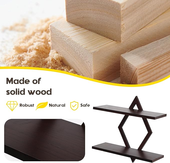 Floating Shelves for Wall,Decorative Wall Shelf,2 Tier Hanging Shelf for Plants Storage Display Holder,Indoor Decor for Living Room Home Office Bathroom Bedroom,Solid Wood,Diamond Shaped,2 Pack,Walnut
