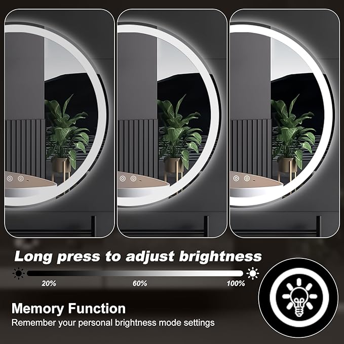 Sweetcrispy 36-Inch Round LED Bathroom Backlit Mirror with Lights, Circle Vanity Mirror with Anti-Fog, Dimmable, 3-Color Light, Memory Function, Tempered Glass