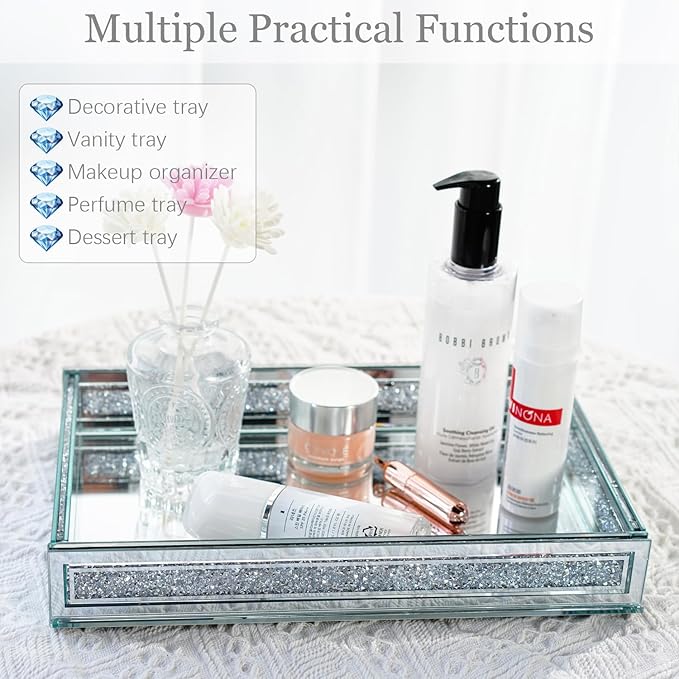 Kanpura Crush Diamond Mirror Perfume Tray, Silver Glass Mirror Trays for Vanity, Jewelry Organizer, Decorative Serving Tray for Christmas Coffee Table Decor(11.5”x7.5”x2”)