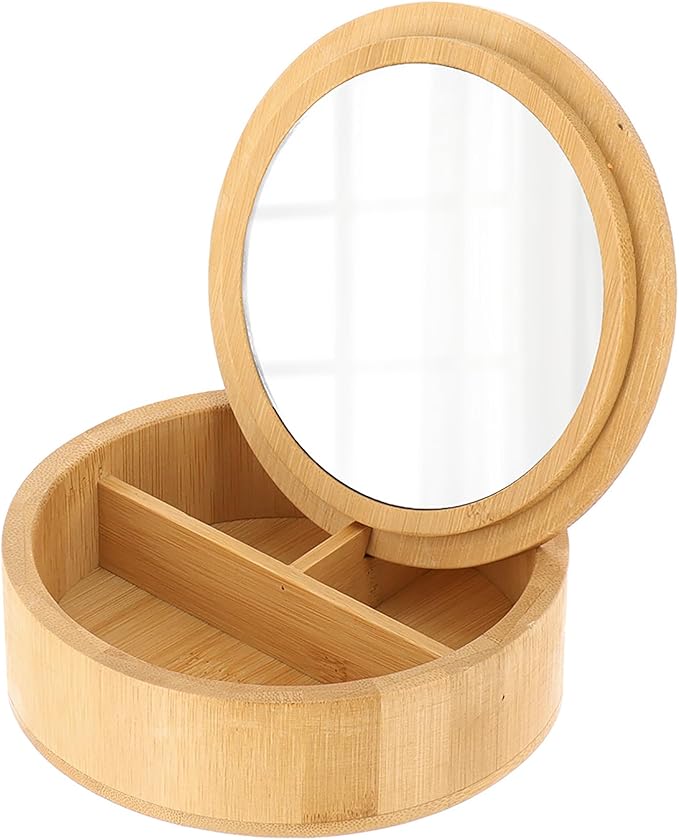 EVIDECO French Home Goods Round Bamboo Box with Mirror Lid - 3-Compartment Organizer for Jewelry, Makeup & Small Accessories - Compact 5.25-Inch Design for Bathroom, Vanity or Dresser
