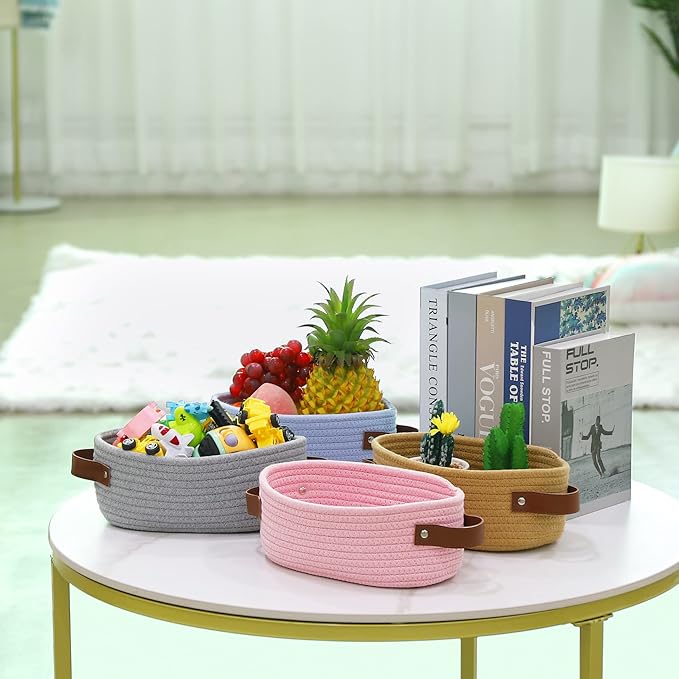 ABenkle Small Woven Basket, Mini Cotton Rope Tiny Oval Shelf Decorative Toy Dog Cat Toy Storage for Nursery, Easter，Empty Gift Baskets, 9.4" x 5.9" x 3.9" XS