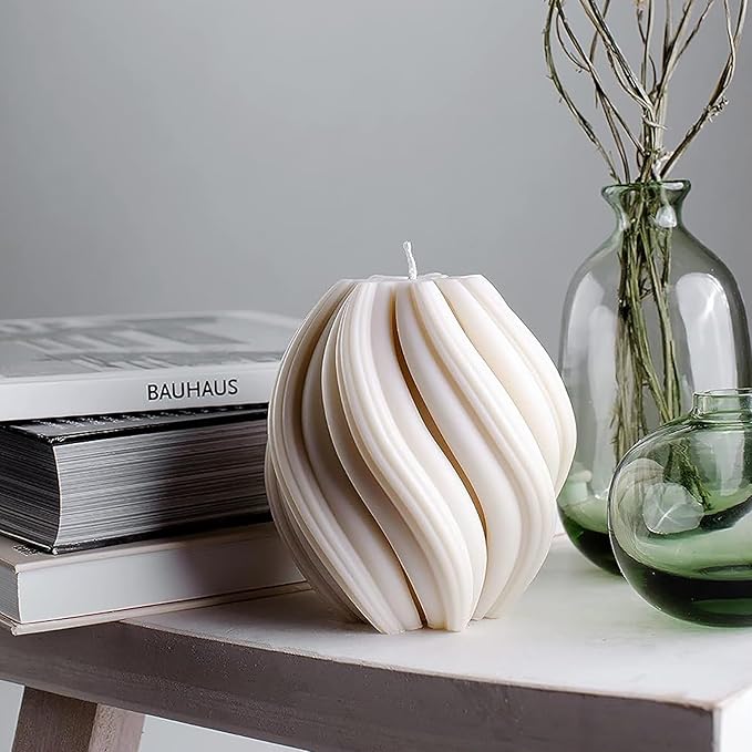 Spiral Swirl Candle Beautiful Handmade Pillar Scented Soy Decorative Candles Beautiful Bubble Aesthetic Candle Housewarming Gift Home Room Shelf Decor Idea (White Large)