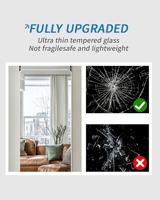 DMWOODFL 48"x14" Rounded Rectangle Over The Door Mirror - Full Length Tempered Glass & Aluminum Frame, No Drill Installation for Bedroom, Bathroom, Closet, Entryway (Silver White)