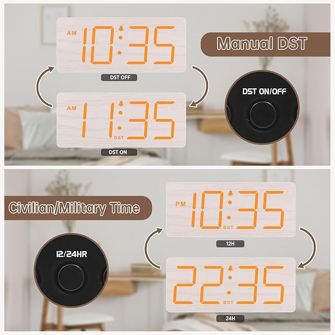 DreamSky Wooden Digital Alarm Clock for Bedroom - Loud Alarm Clock for Heavy Sleepers with Volume Control, Desk Clocks for Living Room with Large Numbers, Dimmer, DST, Wood Decor (Plug in Clock)