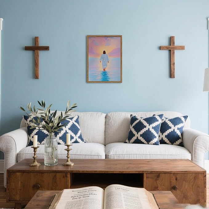 Pink Jesus Walking On Water Wall Art Painting Pink Christian Girl Wall Decor 3D Textured Sandstone Religious Artwork for Living Prayer Room Bedroom 12x16 inch Wood Framed
