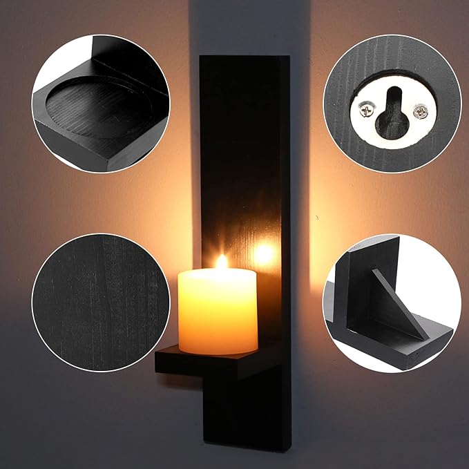 OwnMy Set of 2 Wooden Wall Candle Sconces Rustic Wall Mount Wooden Pillar Candle Sconces, Black Farmhouse Wall Candle Sconce Vintage Hanging Candle Holders Decor for Living Room