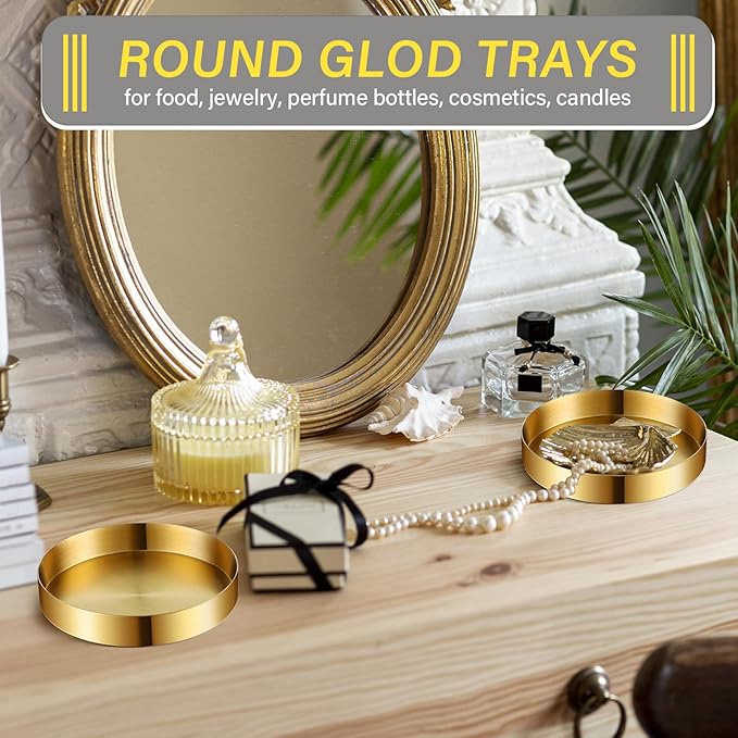 2 Pack Round Gold Trays Small Brass Tray Round Metal Candle Dish Stainless Steel Jewelry, Make Up, Candle Plate Decorative Tray for Bathroom Kitchen Dinning Coffee Table Decoration,4.9 Inch