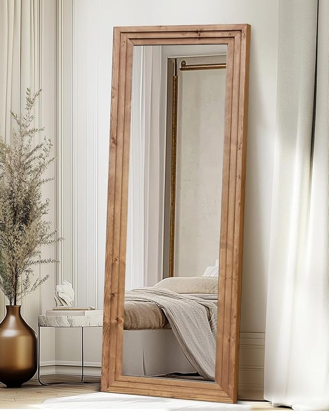 Full Length Mirror 65"x22" with Stand Solid Wood Frame Floor Large Mirror for Living Room, Bedroom Hanging Standing or Leaning Wall-Mounted, Light Brown
