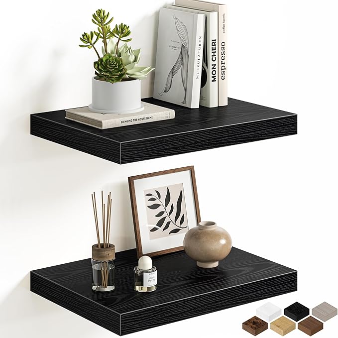 Black Floating Shelves for Wall, 16'' W x 12'' D Wall Mounted Rustic Wood Shelves for Bathroom, Bedroom, Living Room, Kitchen, Hanging Shelf for Storage/Room Decor with Heavy Duty Brackets, 2 Pack