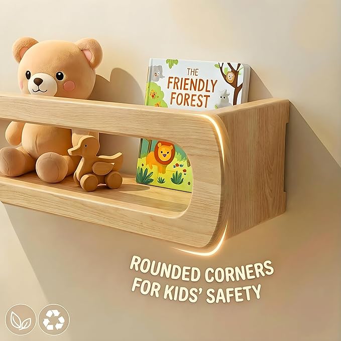 Nursery Shelves for Wall, Premium Bamboo Wood, Fully Assembled - Nursery Book Shelves, Book Shelf for Kids Rooms, Multi-Use Floating Shelves for Wall, Set of 3 (Natural, 16.5 Inches)