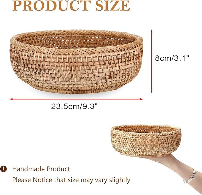 Key Basket for Entryway Table 9.3" Round Wicker Basket Tray Rattan Key Holder Handwoven Decorative Serving Tray for Keys Wallet Cell Phone Fruit Candy Cracker