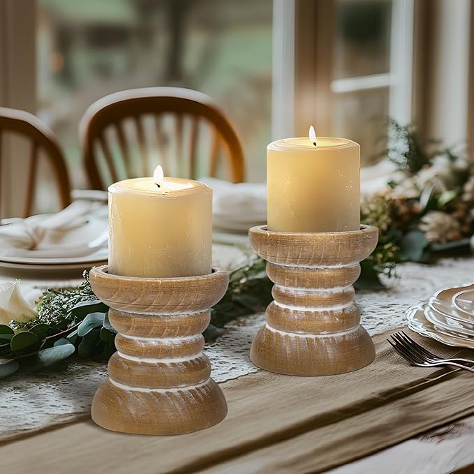 Candle Holder for Pillar Candle Set of 2, Farmhouse Wood Candle Holder, Rustic Wooden Candle Stand, Vintage Small Wooden Candlestick Holders for Living Room, Table Centerpiece, Brown