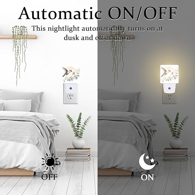 Groovy Hummingbird Flower Night Light for Kids, Watercolor Floral Bird Night Light Plug in with Dusk to Dawn Sensor, 0.5w Energy Saving Sleep Friendly Nightlight for Hallway Stairway Kitchen Bedroom
