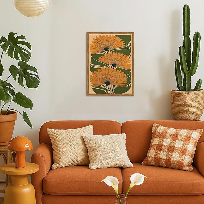 Framed Boho Floral Canvas Wall Art, Vintage Flower Pictures Wall Decor, Abstract Botanical Paintings Prints Maximalist Home Decor for living Room Bedroom Office 12x16 inch