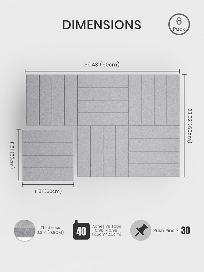 Bumusty Large Cork Board Alternative-36 x 24" Felt Bulletin Board Tiles, with 30 Pushpins, 40 Adhesive Tabs, Bold-Stripe 6-Pack, Cork Boards for Office Push Pin Board Felt Board-Soft Gray