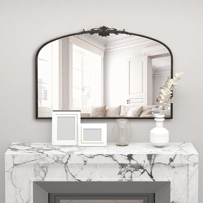 Besdomus Antique Arched Large Mirror: 48"x33" French Oversize Black Arch Vintage Vanity Wall Mounted Mirror - Baroque Decorative Traditional Ornate for Living Room/Fireplace/Bathroom/Entryway