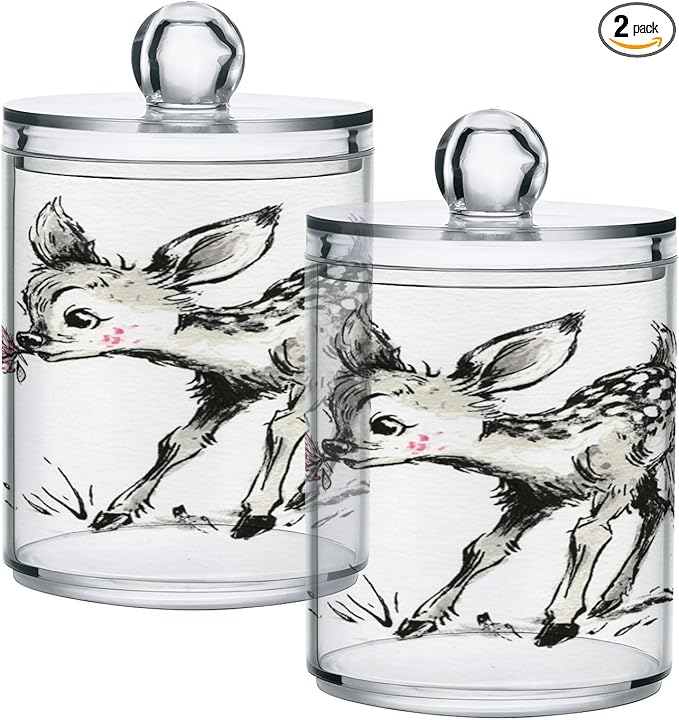 2 Pack Apothecary Jars,Fawn Holding Blossom Bathroom Vanity Storage Organizer Set,Small Clear Plastic Storage Jars Bathroom Canister for Cotton Swabs,Rounds,Balls,Qtips,Makeup Sponges