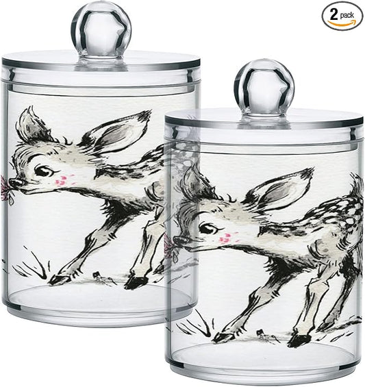 2 Pack Apothecary Jars,Fawn Holding Blossom Bathroom Vanity Storage Organizer Set,Small Clear Plastic Storage Jars Bathroom Canister for Cotton Swabs,Rounds,Balls,Qtips,Makeup Sponges