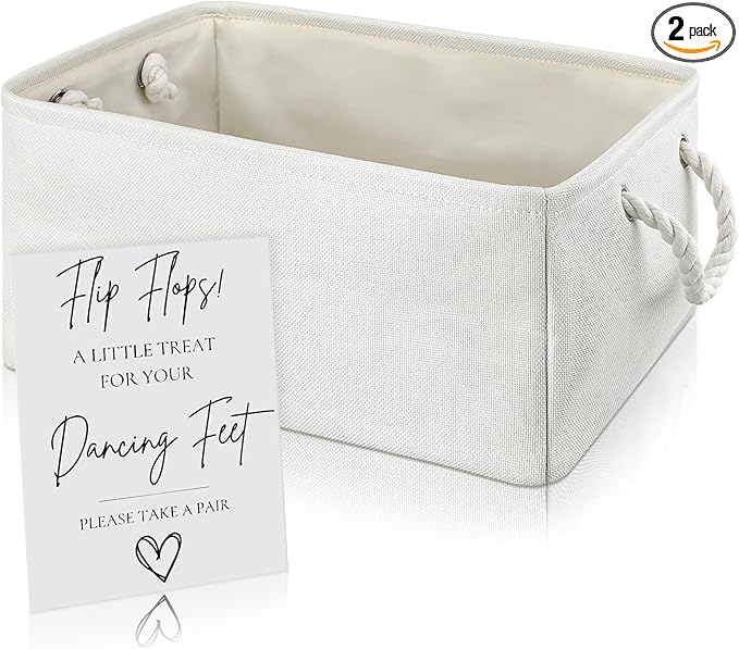 AceOrbit Wedding Basket with Handle "treat for Your Dancing Feet" Table Sign Linen Fabric Rectangular Storage Basket Bin for Organizing Wedding Slippers Bridal Shower Flip Flops Dancing Shoes