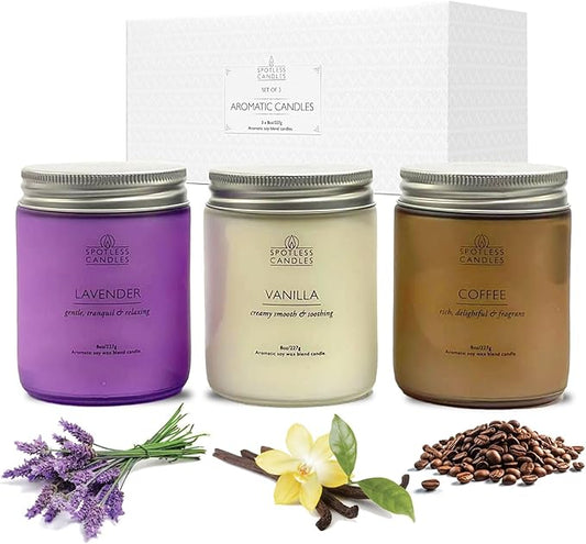Aromatic Candles Three Pack - 3 x 8 oz Cotton Wick Candles Coloured Fosted Jars - Vanilla, Lavender and Coffee, Classic Candle Set for Men and Women by Spotless Leopard