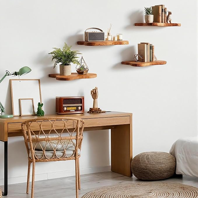 Pinkunn 4 Pcs Floating Shelves for Wall Wooden Live Edge Shelf Wall-Mounted Natural Solid Wood Bedroom Kitchen Storage Living Room Nursery Decor (15.74 Inch)