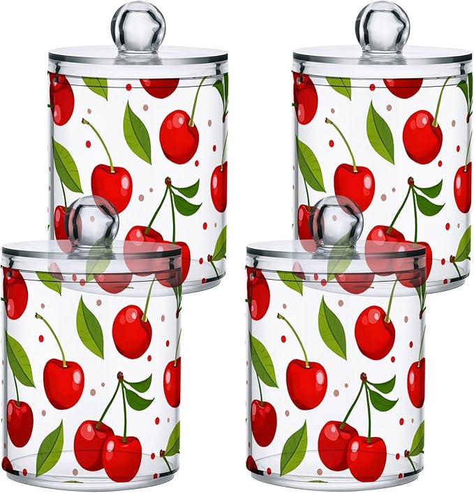2 Pack Qtip Holder Dispenser for Cotton Ball Cherry Fruits Cotton Swab Round Pads Clear Plastic Acrylic Jar Set Bathroom Canister