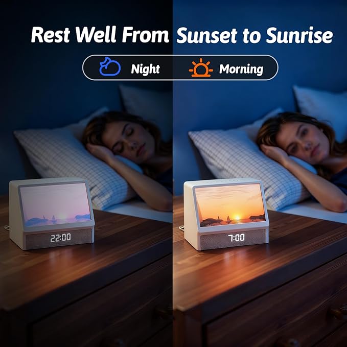 Sunrise Alarm Clock Night Light, Hatch Alarm Clock for Adults with Sound Machine Bluetooth Speaker White Noise Sound Machine Sunrise Clock Night Lamp for Nightstands Room Decor Gifts Ideas