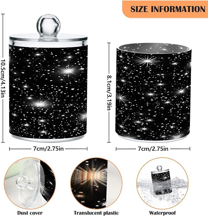 Nander 2Pack Spark Star Background Qtip Holder Dispenser -Clear Plastic Apothecary Jars Set - Restroom Bathroom Makeup Organizers Containers for Cotton Swab, Ball, Pads, Floss
