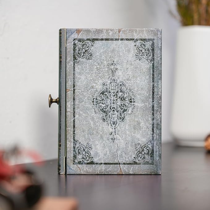 Vintage Book Storage Box with Drawer, Distressed Gray Faux Leather Cover with Ornate Baroque Design, Hidden Organizer for Jewelry or Office Bookshelf Decor 9.5″ x 6.7″ x 2″