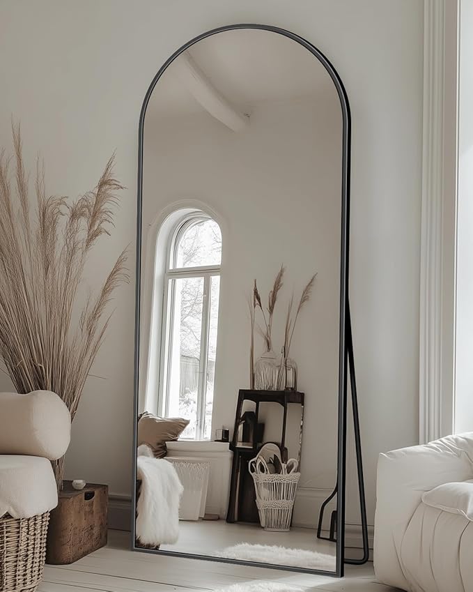Suidia 58"x18" Arched Full Length Mirror with Stand, Full Body Mirror with Aluminum Frame, Freestanding/Leaning/Wall-Mounted, Floor Mirrors for Bedroom, Living Room, Entryway, Dressing Room, Black