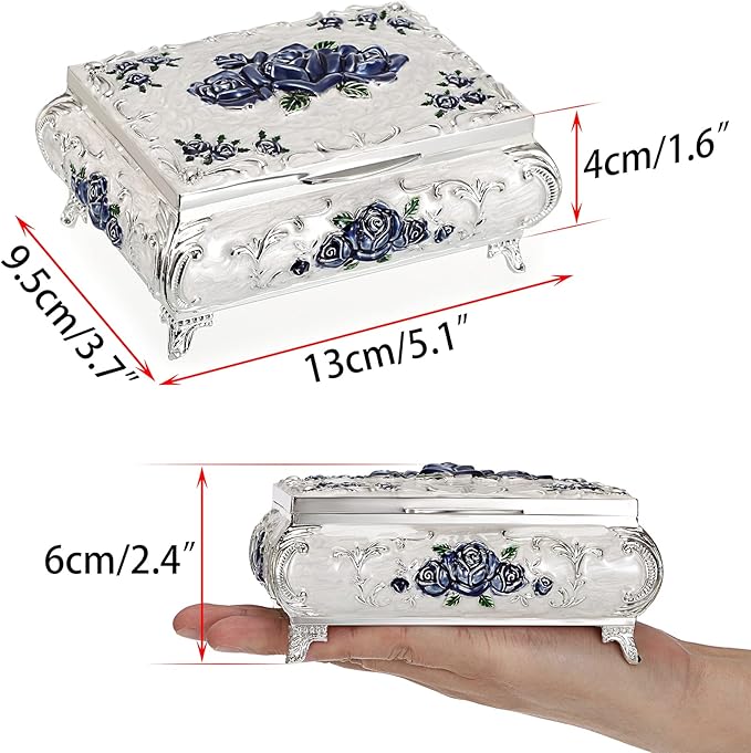 Hipiwe Metal Decorative Jewelry Box Vintage Treasure Chest Case Ornate Trinket Organizer Earrings Necklace Bracelet Storage Box Ring Holder Keepsake Box for Women
