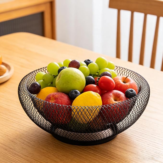 Modern Black Wire Mesh Decorative Bowl – Openwork Fruit Basket for Bread, Snacks, Storage Tray for Kitchen, Living room and home décor. (10”x4”)