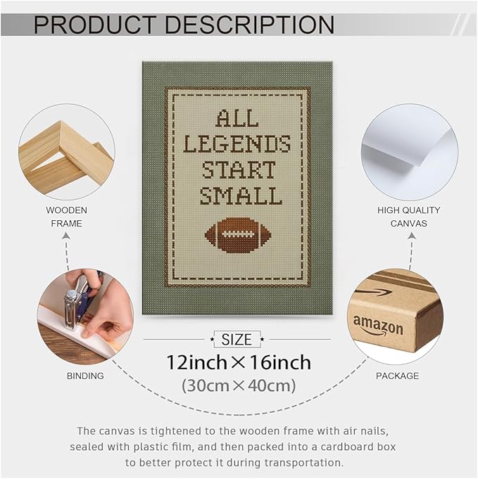 Positive Affirmations Wall Art Boys Sports Football Canvas Poster All Legends Start Small Motivational Quote Prints for Nursery Room Wall Decor 12X16 inch Wood Framed