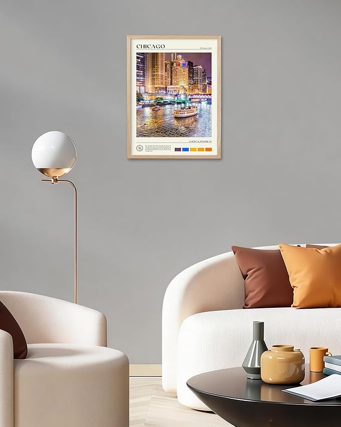 HesenDot Natural OAK Wood Chicago Framed Wall Art,12x16in Chicago River Cityscape Canvas Wall Print,Classic Urban Skyline Home Decor for Living Room Bedroom Office Gallery, Set of 1